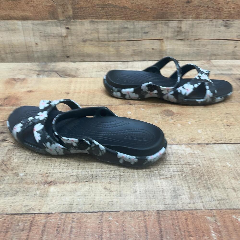 Crocs Sandals Womens Size 11 Black Floral Strappy Dual Comfort Slide Shoes